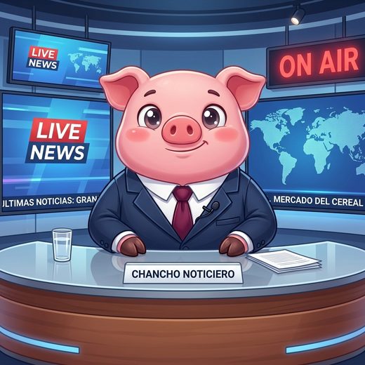 El chanchito de Obol vestido de conductor de noticias, en un estudio con pantallas de fondo